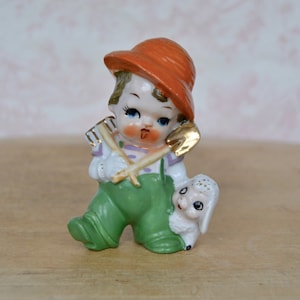 Vintage Ceramic Figurine of Gardener Child with Little Lamb Made in Japan