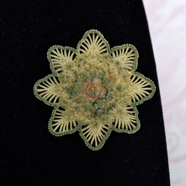 Vintage Celluloid Flower Brooch with Green Paint and Metal Pin