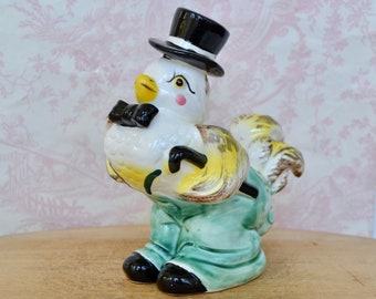 Vintage Dapper Rooster or Duck Planter Wearing Clothes and Bow Tie and Carrying a Cane