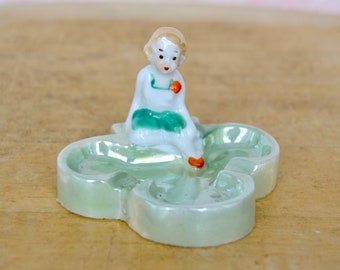 Vintage Small Ashtray or Trinket Dish with Woman and Three Leaf Clover with Lustreware Glaze Made in Japan