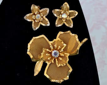 Vintage Flower and Rhinestone Brooch and Clip-On Earring Set in Gold Tone Metal