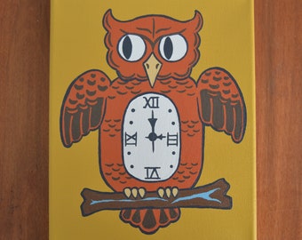 Retro Halloween Owl Clock Art in Orange and Yellow Hand-Painted on Canvas