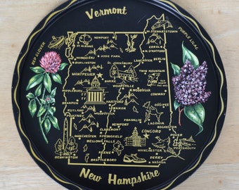 Vintage Vermont and New Hampshire Black Tin Tray with Illustrated Map and Red Clover and Purple Lilac