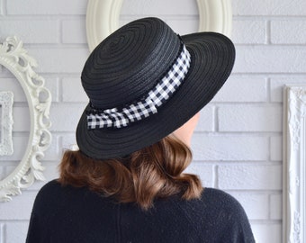 Vintage Black Hat with Black and White Gingham Ribbon and Bow by Adolfo II