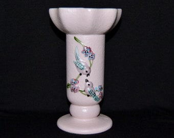 Vintage 1950s Light Pink Ceramic Ruffled Top Vase with Songbirds Serenade by Hull Pottery