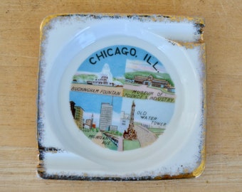 Vintage Chicago Illinois Souvenir Ceramic Ashtray or Trinket Dish by Victoria Ceramics Made in Japan