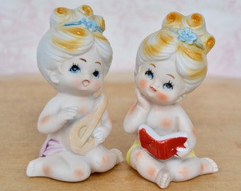 Vintage Pair of Baby Girl Figurines with Instrument and Book Made in Japan