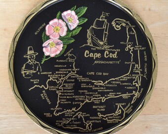 Vintage Cape Cod Massachusetts Black Tin Tray with Illustrated Map and Wild Rose Flowers