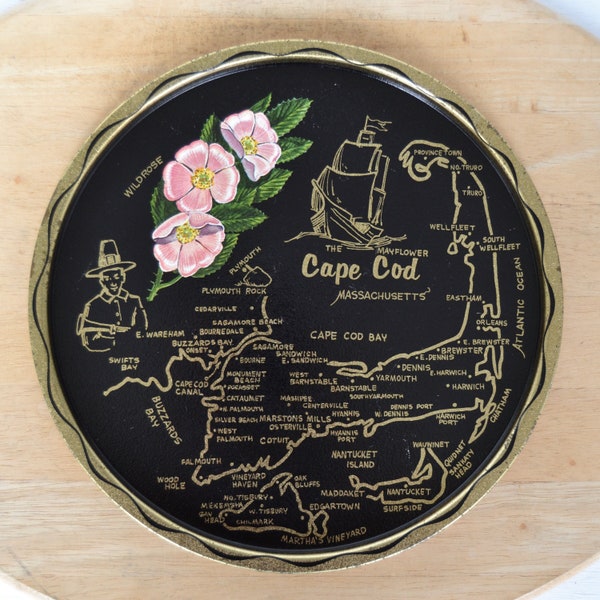 Vintage Cape Cod Massachusetts Black Tin Tray with Illustrated Map and Wild Rose Flowers