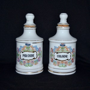 Vintage Pair of Peroxide and Cologne Decorative Ceramic Bottles Made in Japan