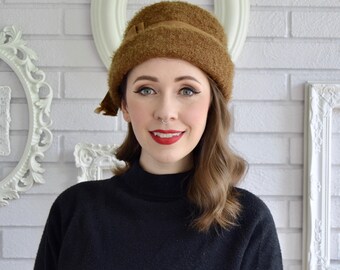 Vintage Brown Fuzzy Textured Wool Hat with Brown Ribbon