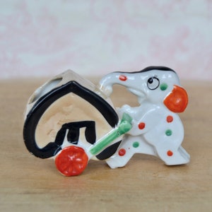Vintage Polka Dot Elephant Pushing a Spade Cart Toothpick Holder Made in Japan