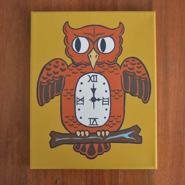 Retro Halloween Owl Clock Art in Orange and Yellow Hand-Painted on Canvas