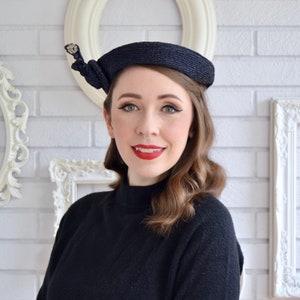 Vintage 1950s Dark Woven Raffia Hat with Glass Bead and Side Adornment by Maynok Original