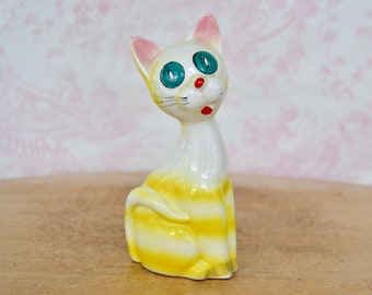 Vintage Striped Yellow Ceramic Cat Figurine with Big Green Eyes Made in Japan