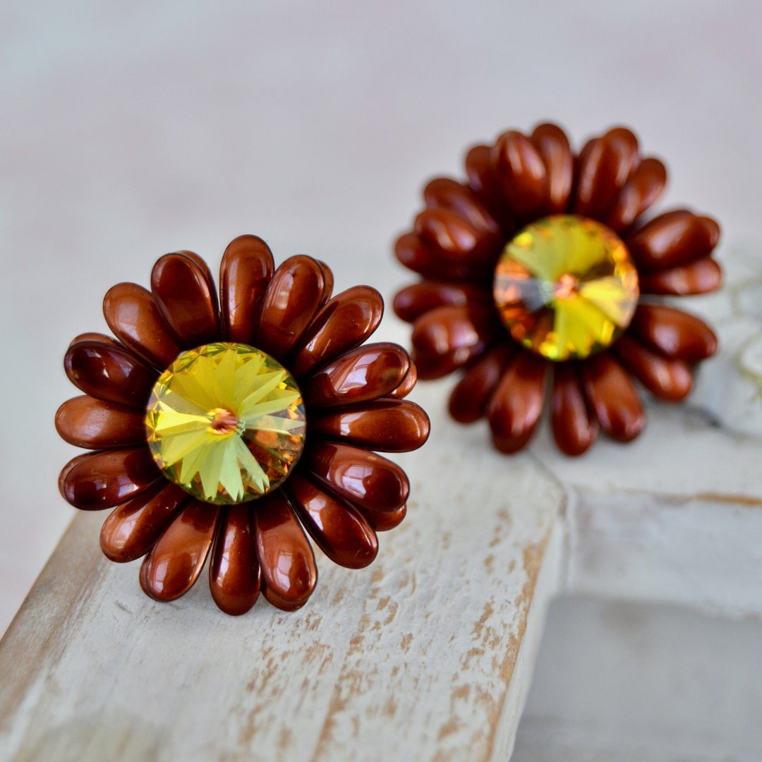 Vintage Clipon Flower Earrings With Brown Enamel Petals and Etsy UK