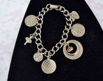 Vintage Charm Bracelet with Heart and Lucky Penny and Ballerina Charms in Silver Tone Metal