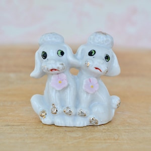 Vintage Poodle Twins Ceramic Figurine with Pink Flowers Made in Japan