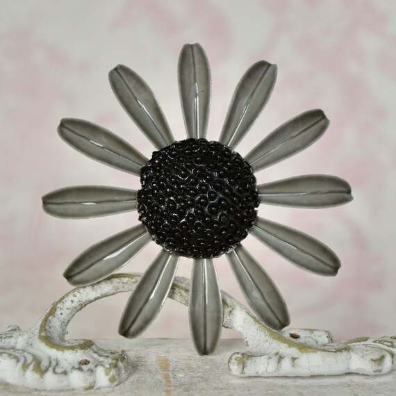 Vintage Enamel Flower Brooch with Gray Petals and… - image 2