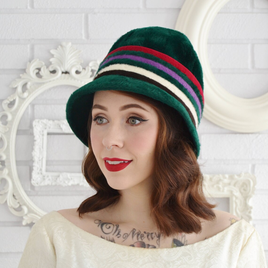 Vintage 1960s Green Fuzzy Hat with Stripes by Don Anderson Etsy