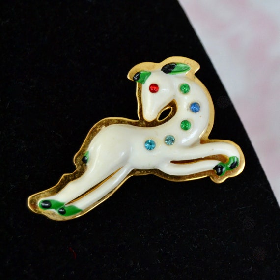 Vintage 1940s Celluloid and Brass Deer Brooch with