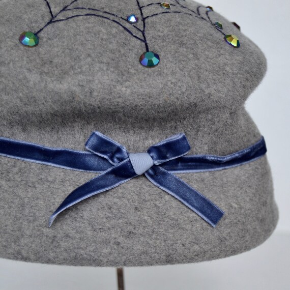 Gray Wool Hat with Stitched Spiderweb and Rhinest… - image 3