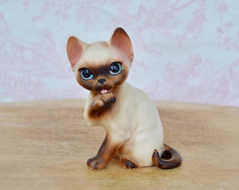 Vintage Ceramic Siamese Cat Figurine with Blue Eyes Stamped A-61