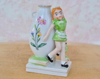 Vintage Small Ceramic Bud Vase with Little Girl and Doll and Book Marked Vertex