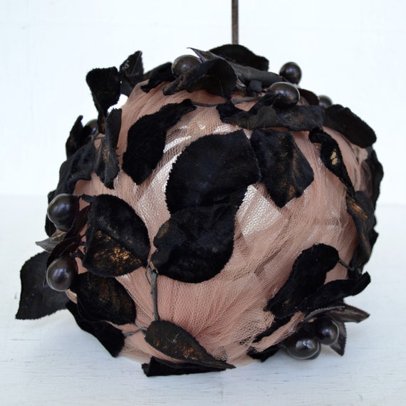 Vintage Tulle Hat with Black Velvet Leaves and Black Plastic Berries View 6