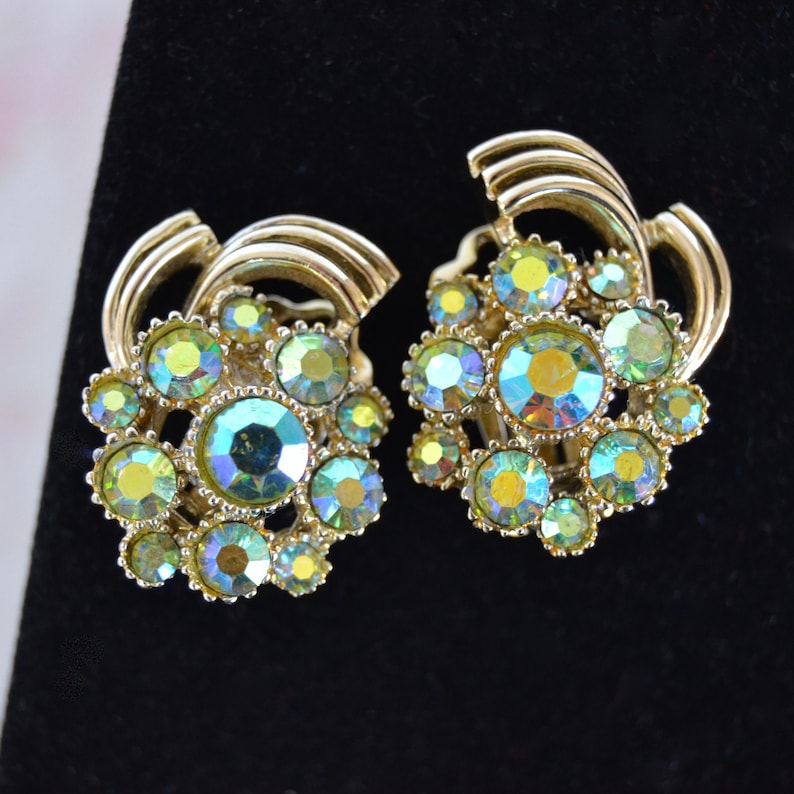Vintage Clip-On Earrings in Gold-Tone Metal with Green Rhinestones by BSK