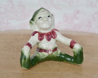 Vintage Pixie Elf Ceramic Pottery Sitting Figurine in Green