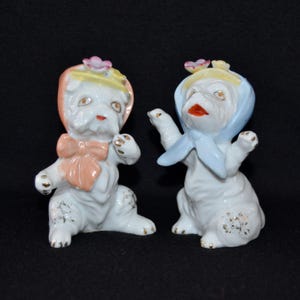 Vintage Pair of Ceramic Dog Figurines with Flowers and Bonnet Hats by EPP & Co Made in Japan