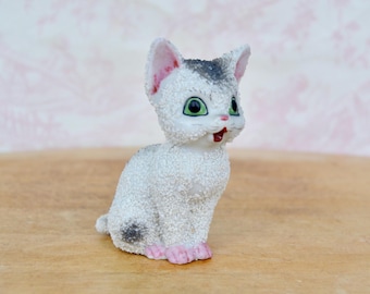 Vintage Textured Ceramic Cat Figurine with Green Eyes Made in Japan