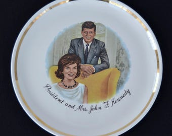 Vintage President and Mrs John F Kennedy Ceramic Plate with Gold Painted Rim