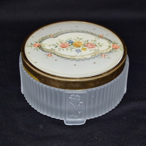 Vintage Powder or Storage Jar with Frosted Glass Bottom and Metal Lid with Plastic Over Floral Paper