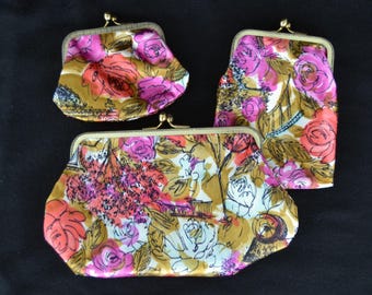 Vintage Set of 3 Small Pouches and Coin Purses with Floral and Leaf Fabric
