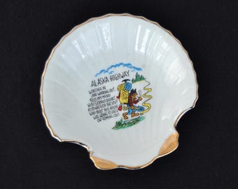 Vintage Alaska Highway Ceramic Souvenir Seashell Dish with Illustration and Saying