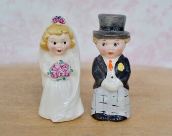 Vintage Bride and Groom Ceramic Salt and Pepper Shakers with Surprised Expressions