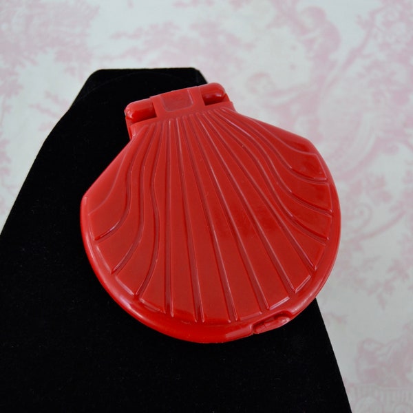 Vintage Red Plastic Seashell Compact Mirror Made in Hong Kong
