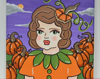 Patrice the Pumpkin Patch Girl Original Painting on 10" x 10" Canvas