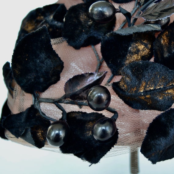 Vintage Tulle Hat with Black Velvet Leaves and Black Plastic Berries View 2