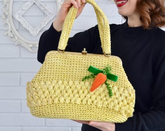 Vintage Yellow Raffia Handbag with Floral Lining and Added Velvet Ribbon and Carrot