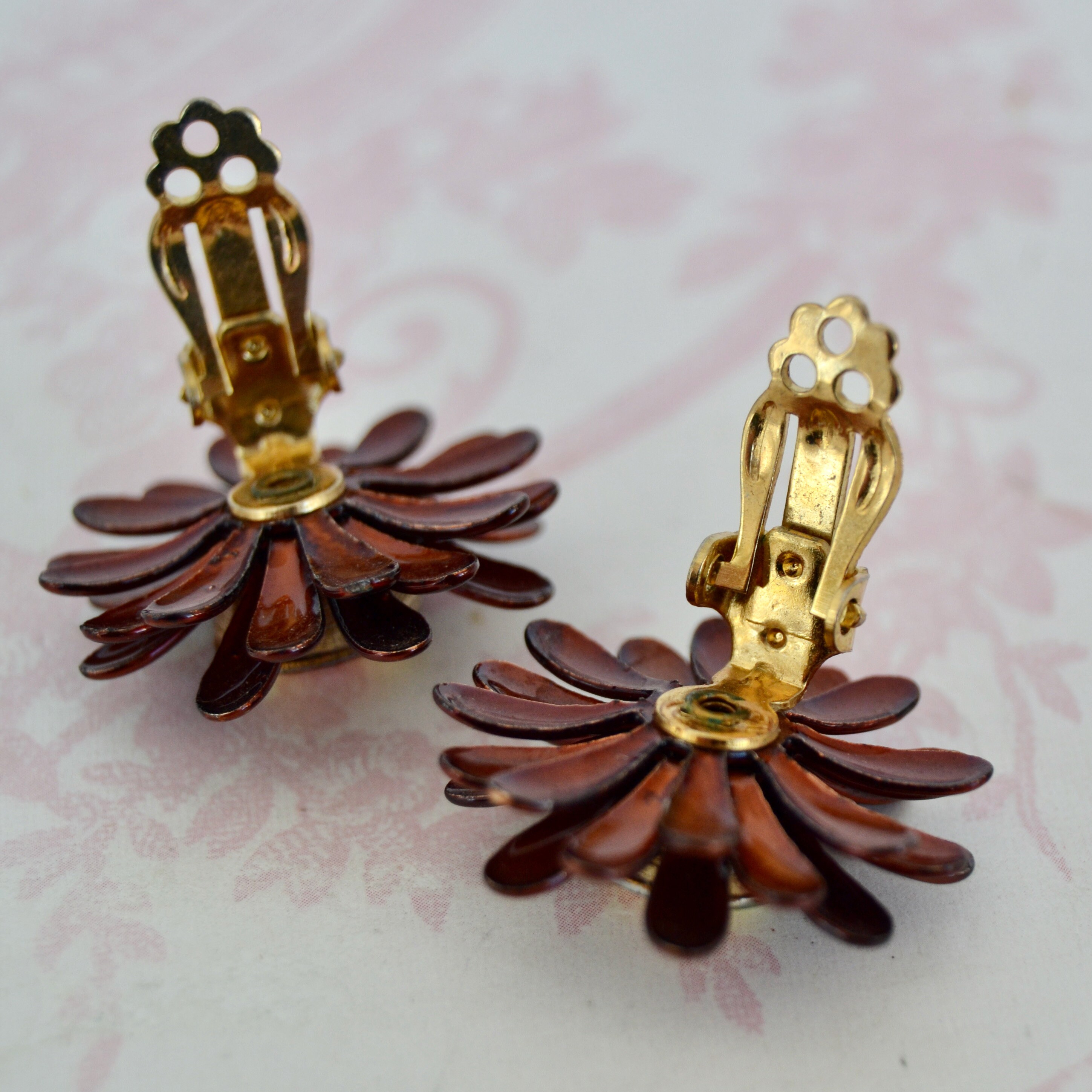 Vintage Clipon Flower Earrings With Brown Enamel Petals and Etsy UK