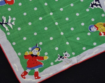 Vintage Child's Handkerchief with Children Having a Snowball Fight and Terrier Dogs