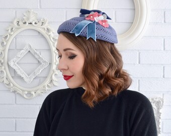 Vintage Blue Wool Hat with Felt Flowers and Velvety Ribbon, Upcycled