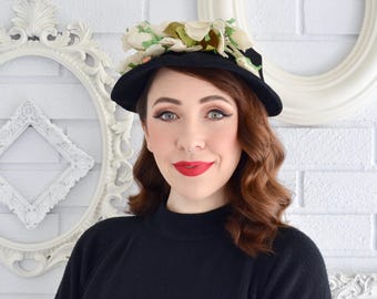 Vintage Black Wool Hat With Side Fabric Bow by Glenover  display picture 1