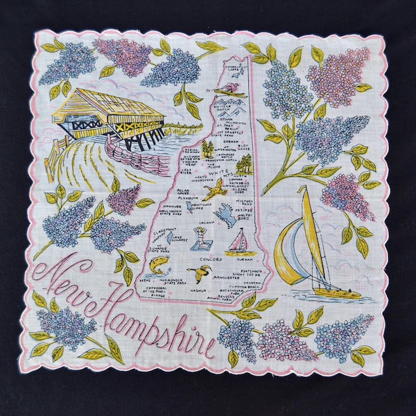 Vintage New Hampshire Handkerchief with Map and Flowers Fabric Hankie