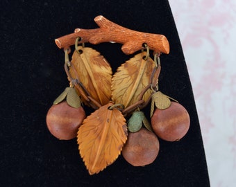 Vintage Brooch of Dangling Celluloid Plastic Autumn Leaves and Wood Acorn Berries on a Plastic Branch