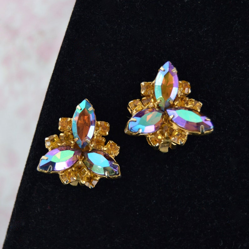 Vintage Clip-On Earrings with Golden Rhinestones and Iridescent Stones image 5