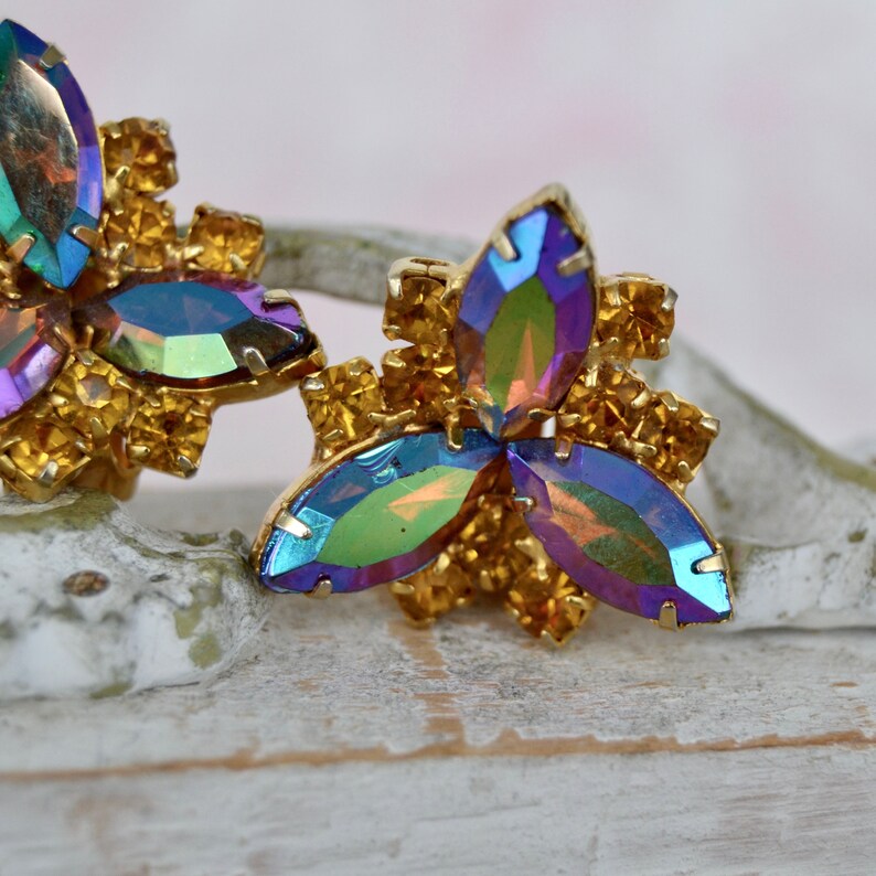Vintage Clip-On Earrings with Golden Rhinestones and Iridescent Stones image 3